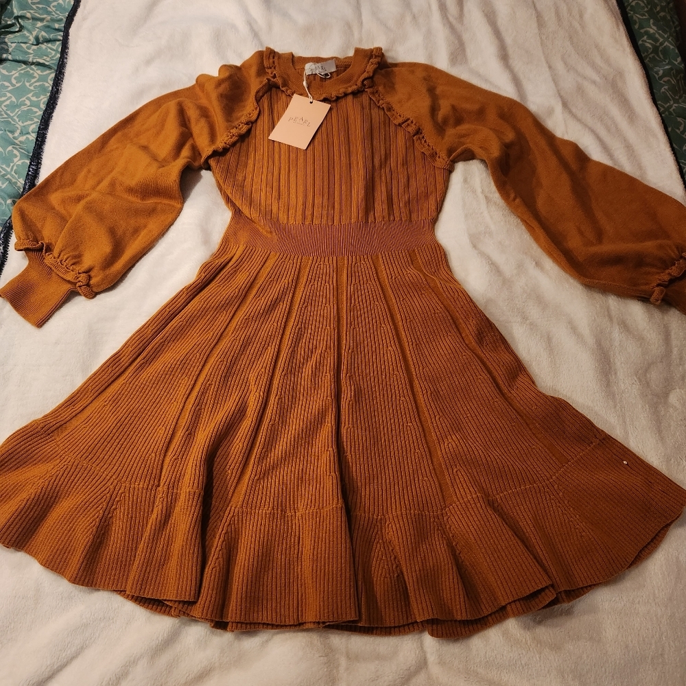 NWT Pearl Dress By Lela Rose Cashmere-like Wool Soft & Cozy Burnt Orange/Copper